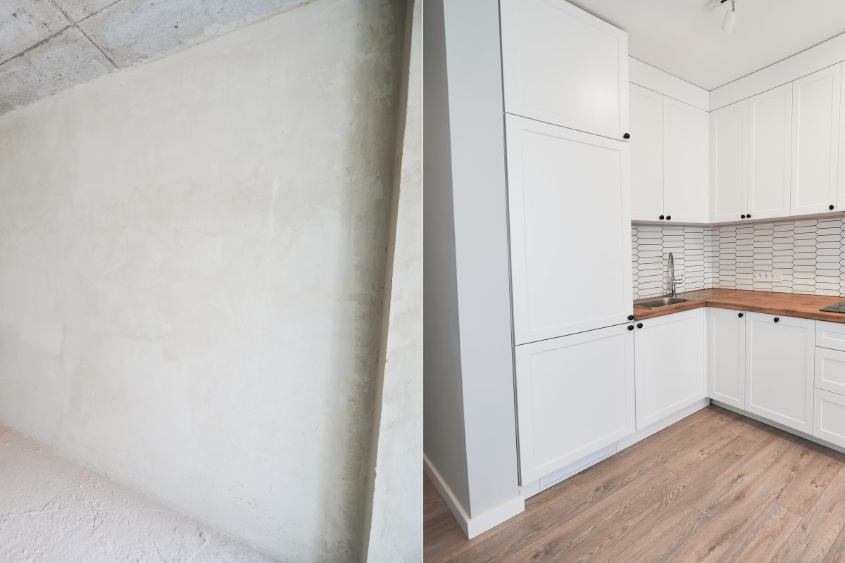 Comparison of old kitchen room and new place with parquet floor, kitchen counter, stove and white walls. Modern apartment before and after restoration or refurbishment. Home renovation concept.