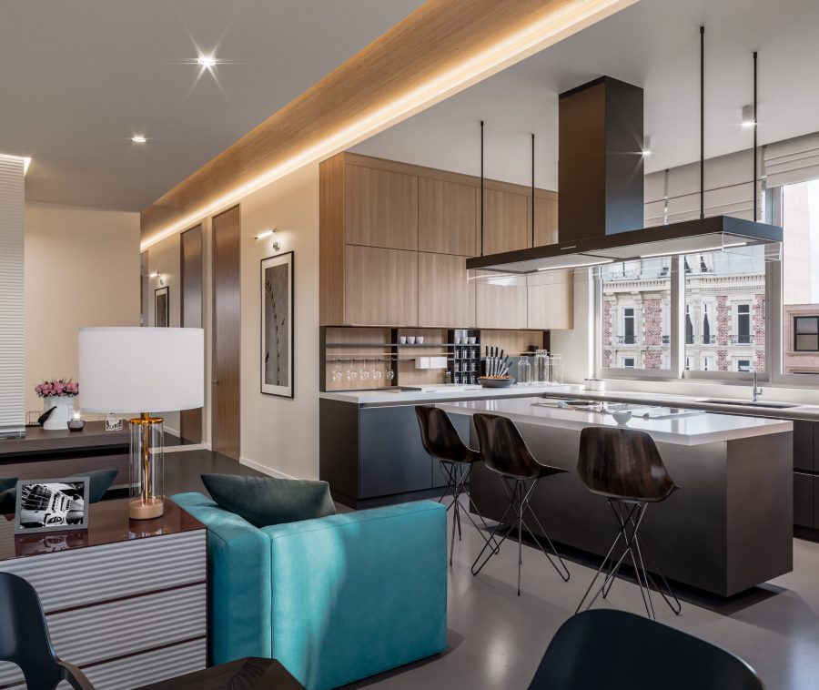 Modern interior of stylish apartment with furniture